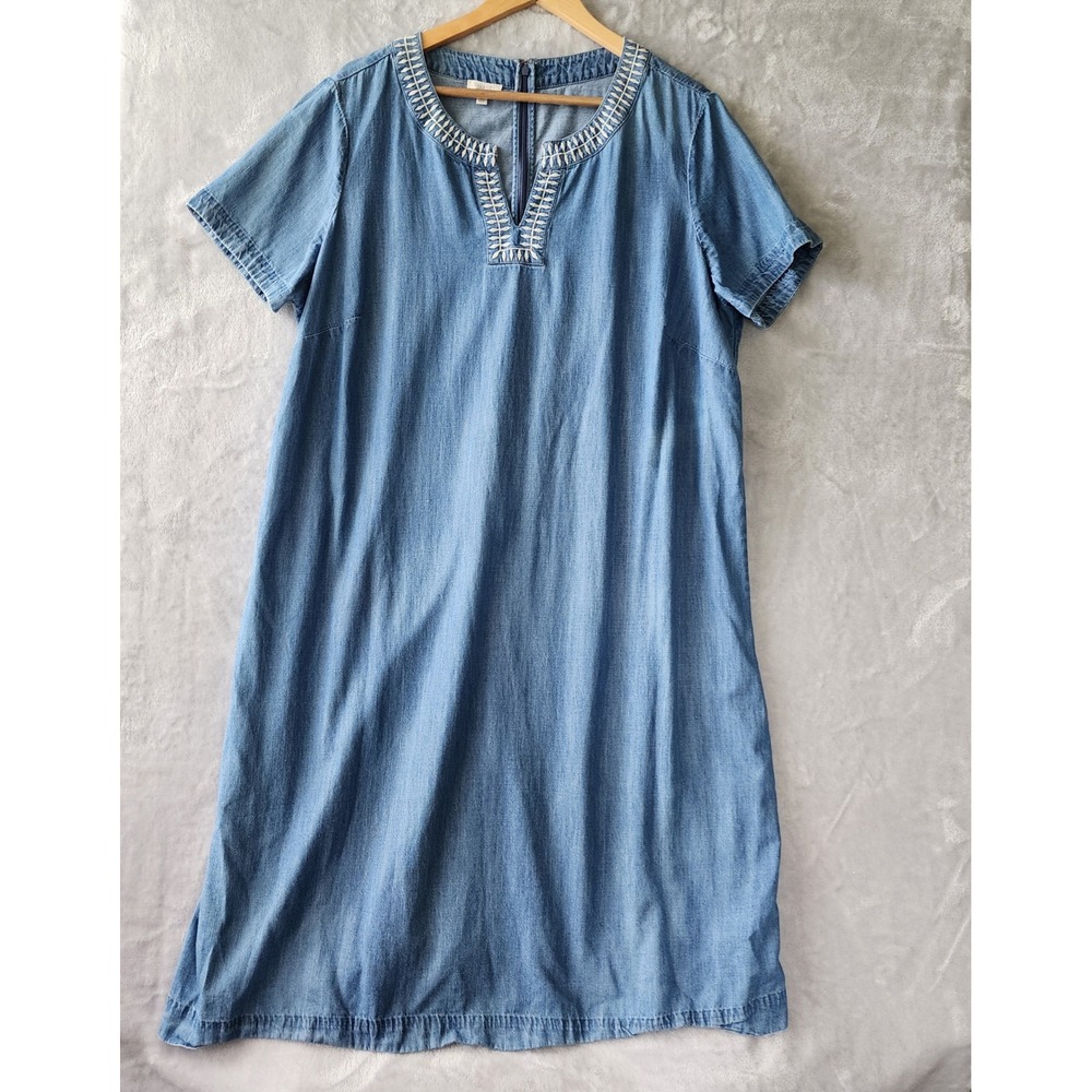 Talbots Denim Dress Womens Size 18W Blue Chambray Embroidered Short Sleeve